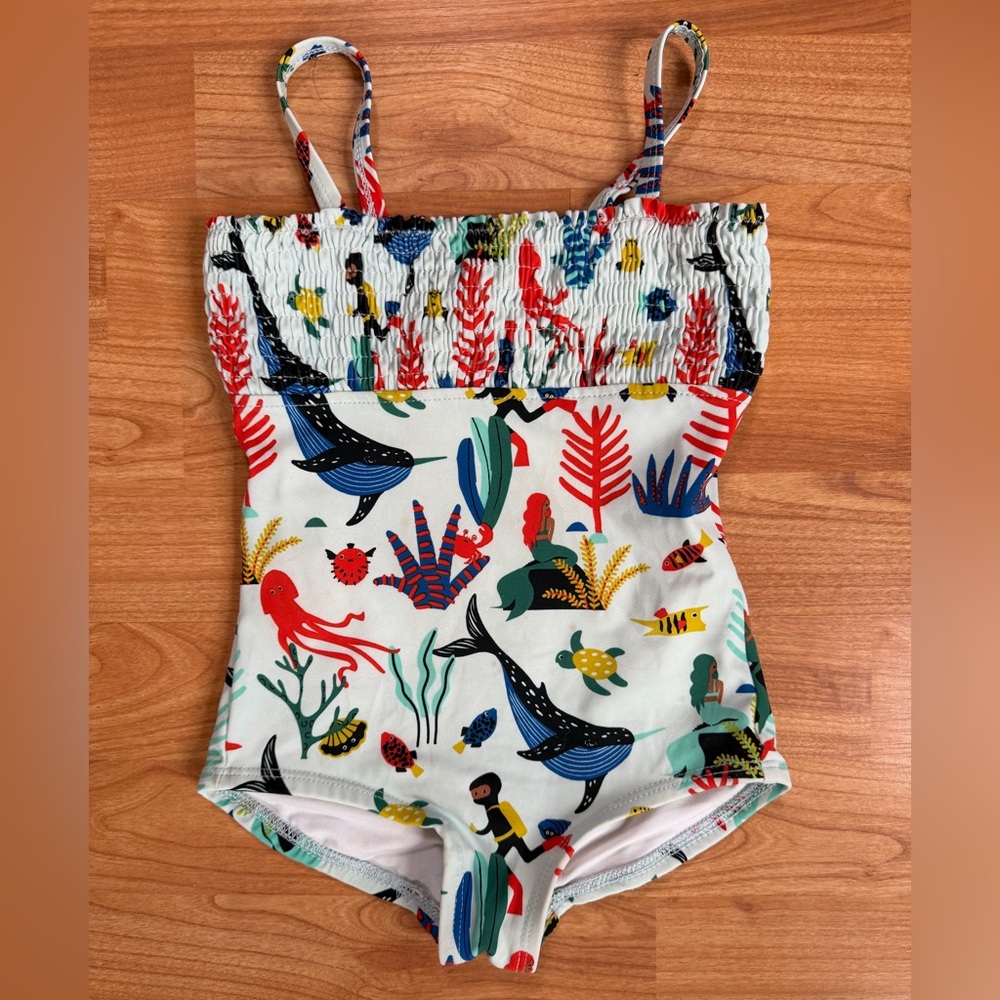 Light blue girls one piece bathing suit with under water print